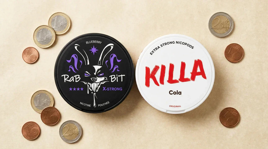 A can of Rabbit and a can of Killa snus pouches on parchment paper with loose euro coins nearby